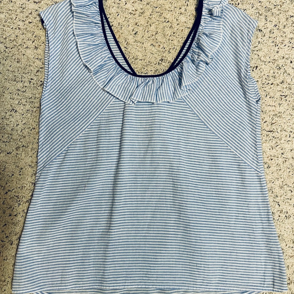 CAbi Blue and White Ruffled Blouse